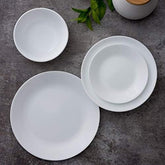 Corelle White Winter Frost dinner plate close-up, lightweight and durable for daily meals.
