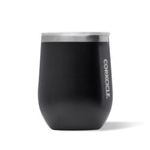 Corkcicle Stemless 12 oz tumbler front view with matte black finish keeps beverages cool