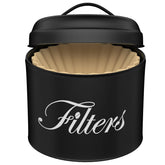 CORTNK black basket coffee filter holder with lid on countertop keeps filters neat and dust-free