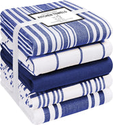 Cotton Clinic 5-pack kitchen towels in Navy White for quick spills cleanup.