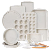 Country Kitchen nonstick stackable bakeware set in cream, space-saving design for organized kitchen.