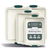 Country Kitchen stackable bakeware in sage showing all four pieces for space-saving storage.