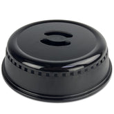 Crisp black microwave splatter cover lid on plate to prevent splashes and mess.