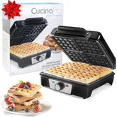 CucinaPro four square belgian waffle maker front view with four waffles ready for family breakfast
