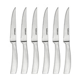 Cuisinart forged stainless steel premium steak knives close-up showing ultra-sharp V-Edge for precise slicing.