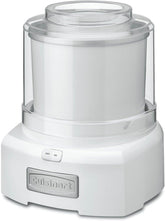 Cuisinart ice cream maker exterior in white, sleek compact design for home use.