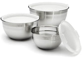 Cuisinart mixing bowls nested with lids, saving space and storing leftovers.