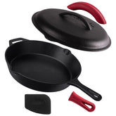 Cuisinel 12-inch cast iron skillet with lid showing even heating for perfect sear