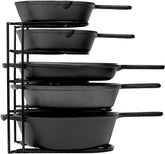 Cuisinel heavy duty organizer rack front view showing organized cast iron pans for easy access