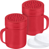 CUSINIUM red stainless steel salt pepper dredge shakers with handle for easy table seasoning.