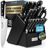 Cutluxe 15-piece knife set in a natural RubberWood block for organized everyday prep.