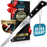 Cutluxe boning knife 6-inch razor edge enables precise filleting and clean trimming.