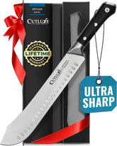 Cutluxe bullnose carving knife shows razor-edge for precise meat slicing.