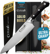 Cutluxe Chef Knife 8-inch blade close-up for precise slicing and edge durability.
