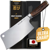 Cutluxe meat cleaver 7-inch blade for precise meat prep on a cutting board.