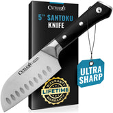Cutluxe Santoku knife blade close-up showing razor-sharp edge for precise slicing.