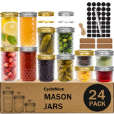 CycleMore 24-pack glass mason jars with bands and lids for tidy pantry storage.