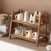 D-werack bamboo mug-holder displays mugs neatly at a coffee station.