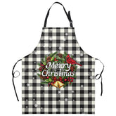 Dacawin Merry Christmas apron full view with buffalo plaid and pockets for kitchen use.