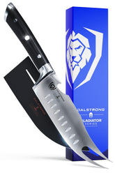 Dalstrong Pitmaster knife with forked tip for flipping meat on the grill.