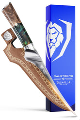 Dalstrong Valhalla fillet knife with leather sheath for safe storage.