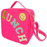 Dark Swan insulated lunch bag with smiley face in rosy red keeps school meals cheerful