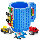 DAYMOO Build-on Brick Mug blue front view, a playful desk accessory for creative coffee moments.