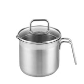 DCIGNA stainless steel saucepan with glass lid and pour spout for easy draining.