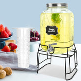 DD&HAPP 2-gallon glass dispenser on a sturdy stand for easy, mess-free serving.