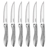 dearithe steak knives set of 6 blade close-up for clean slices.