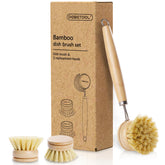 DEBETOOL Bamboo Pot Dish Brush with ergonomic handle for easy pot scrubbing.
