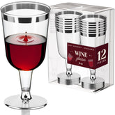 DecorRack BPA-free 6 oz wine glasses with silver rims for outdoor parties.