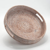 DECRAFTS round rattan tray in white, top view, perfect for stylish coffee table service.