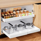 21-inch deep pull-out cabinet drawer showing smooth, quiet glide for kitchen organization