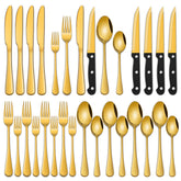 Dehov 24-piece gold silverware set for four, full dining collection.