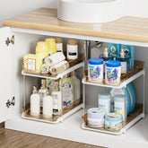 Delamu 2-Tier Amber Under-Sink Organizer with clear drawers for quick item visibility.