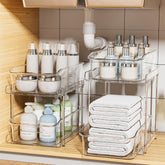 Delamu 2-tier under-sink organizer in clear front view for easy-access storage.