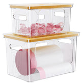 Delamu 2-pack acrylic trash bag holder with bamboo lid keeps bags organized and accessible.