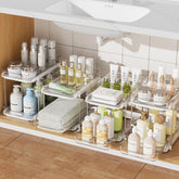 Delamu 4-pack two-tier under-sink organizer with pull-out drawer for bathroom and kitchen storage