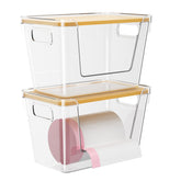 Delamu trash bag dispenser with bamboo lid front view for tidy under-sink storage.