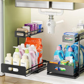 Delamu two-pack metal under-sink organizers with sliding shelves for tidy cabinets, extra storage.