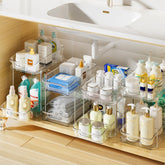 Delamu 2-Tier under-sink organizer tall view with clear pull-out drawers for easy access.