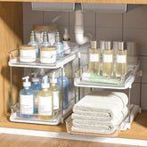 Delamu under-sink two-tier organizer keeps cabinets tidy and accessible