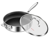 DELARLO 12-inch tri-ply frying pan delivers even heat for precise searing.
