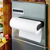 DELITON magnetic paper towel holder on fridge for quick access while cooking.