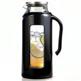 Delove glass pitcher with lid and shatterproof shell, ideal for iced tea and infused water.