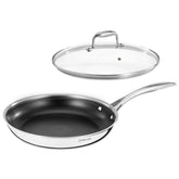 DELUXE 12-inch fry pan with glass lid offers smooth release and precise heat control.