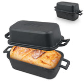 Demine cast iron loaf pan with lid on for even heat and crusty bread
