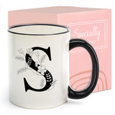 DHQH monogram coffee mug 11oz with initial S, ideal for daily coffee moments.