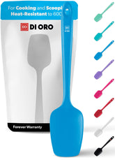 DI ORO Living spoonula blue showing heat resistance up to 600°F for high-heat cooking
